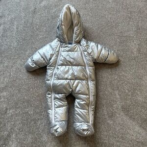 Jacadi Paris Silver Puffer Snowsuit 6M | Cozy Winter Bunting Suit